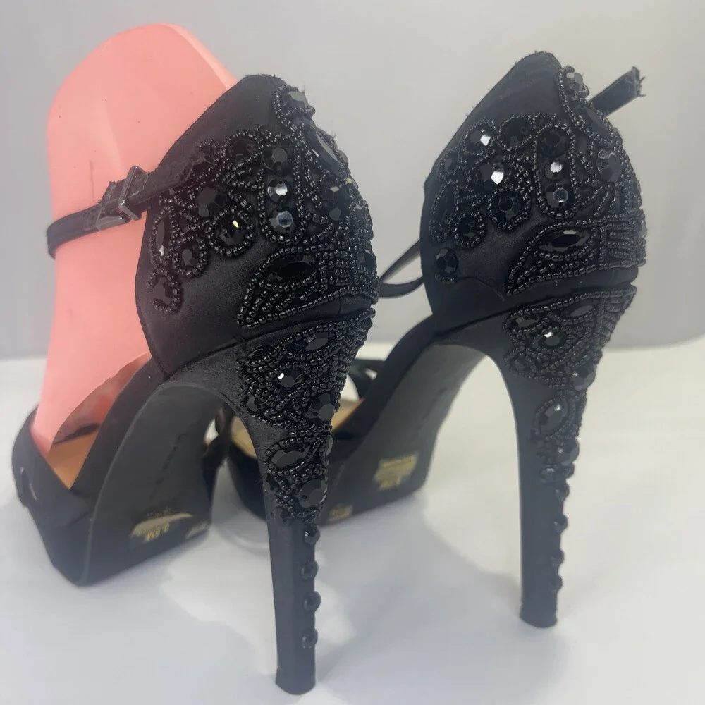 GIANNI BINI CUSTOMIZED BEADED MELISSA 8.5M Black Platform Stiletto Heels WEDDING
